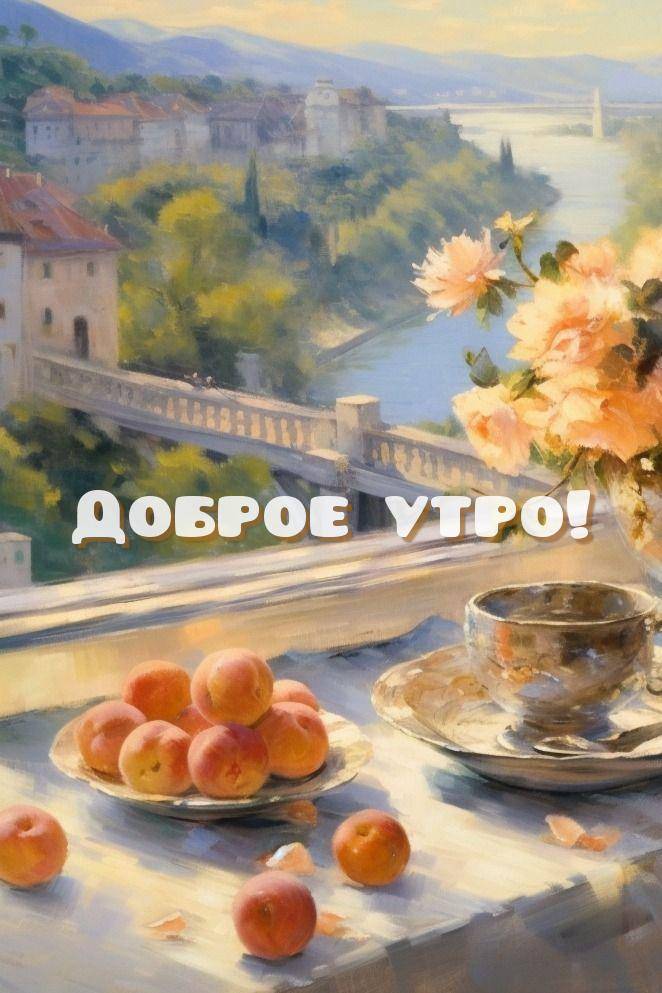 Утро, стол, скатерть, посуда, персики, лепестки, ваза, пейзаж через окно