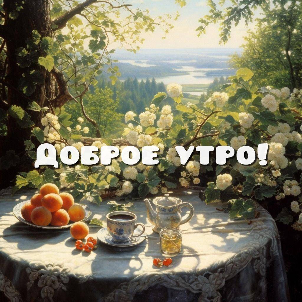 Утро, стол со скатертью, чайным сервизом и персиками