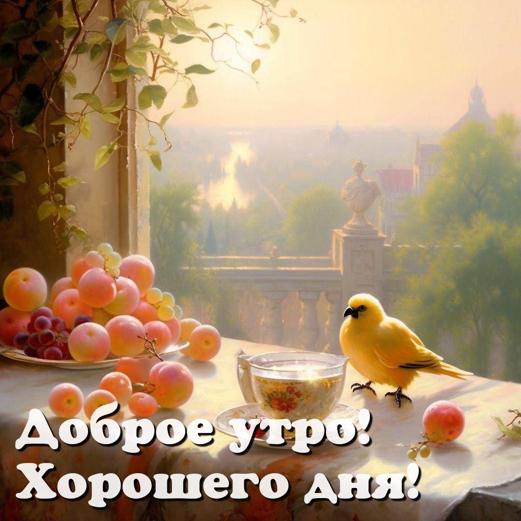 Утро, стол у окна с фруктами и птицей