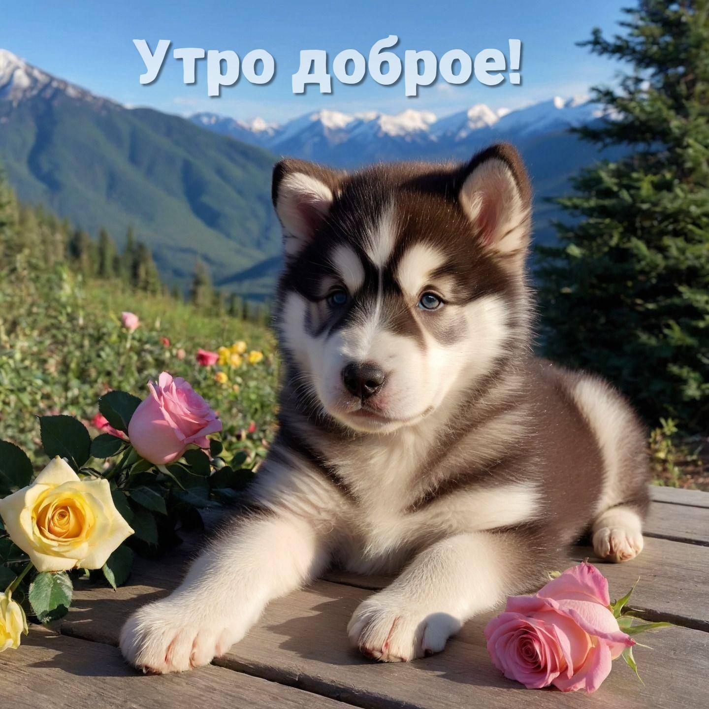 Утро, текст alt,Щенок хаски с голубыми глазами, лежащий на дереве среди роз.