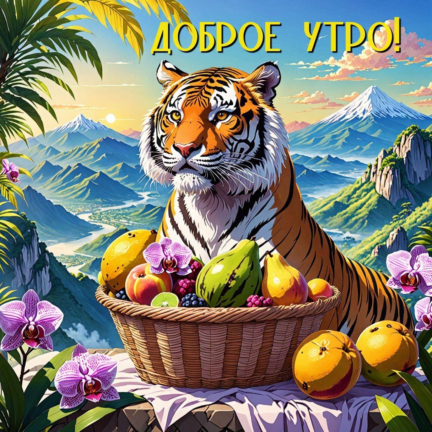 Утро, тигр за корзиной с фруктами
