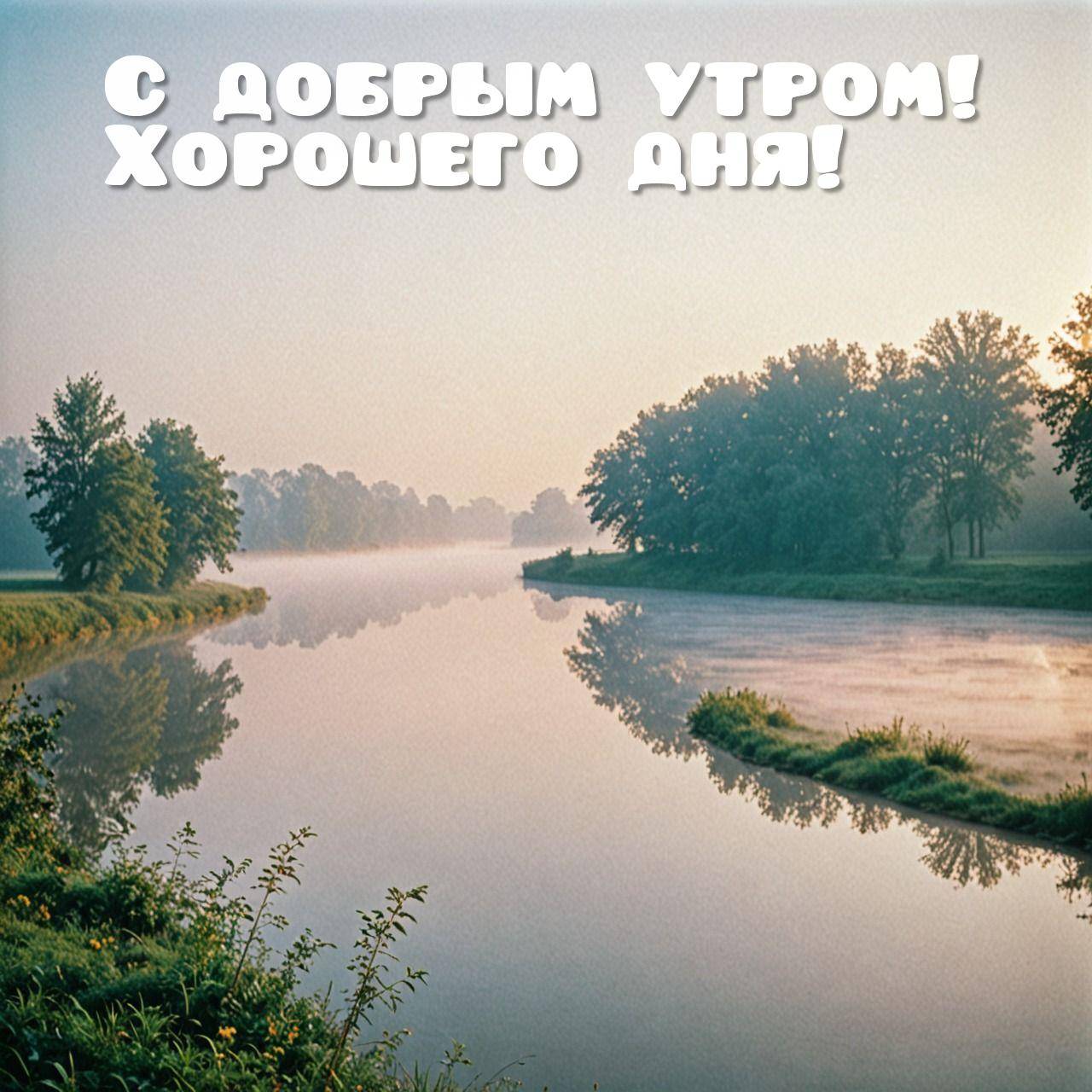 Утро, тихое утреннее сцепление природы с рекой и деревьями