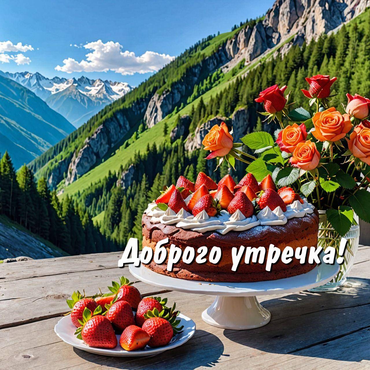 Утро, торт с клубникой на фоне горного пейзажа