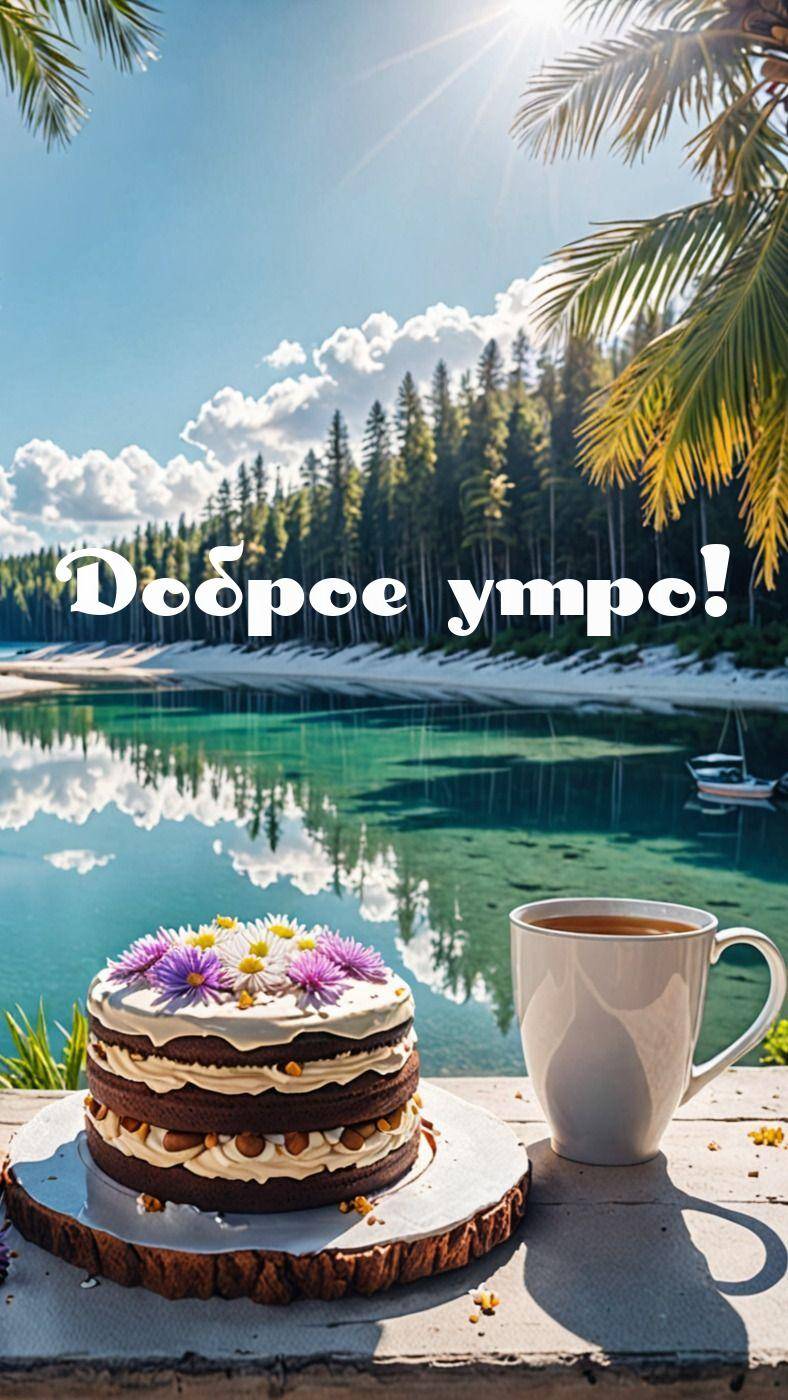 Утро, трехслойный шоколадный торт и кружка на фоне озера
