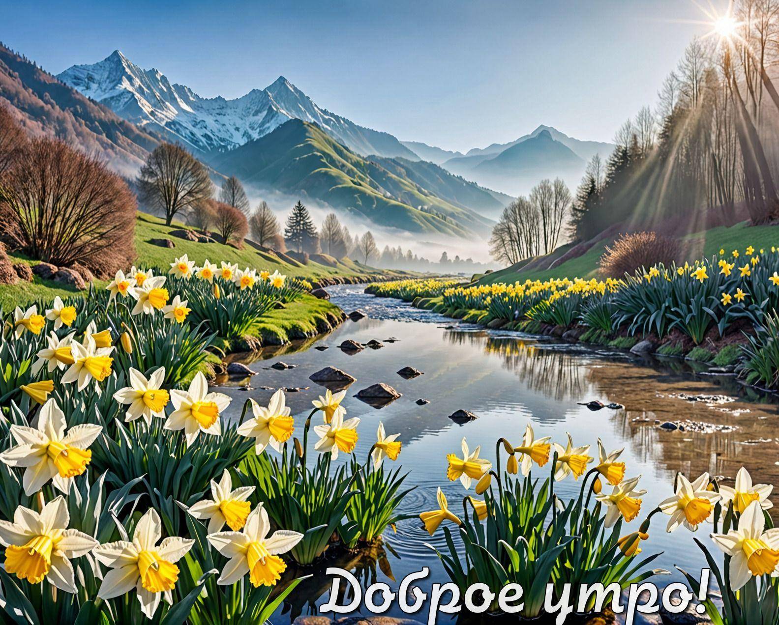 Утро, цветущий пейзаж с горами и ручьем
