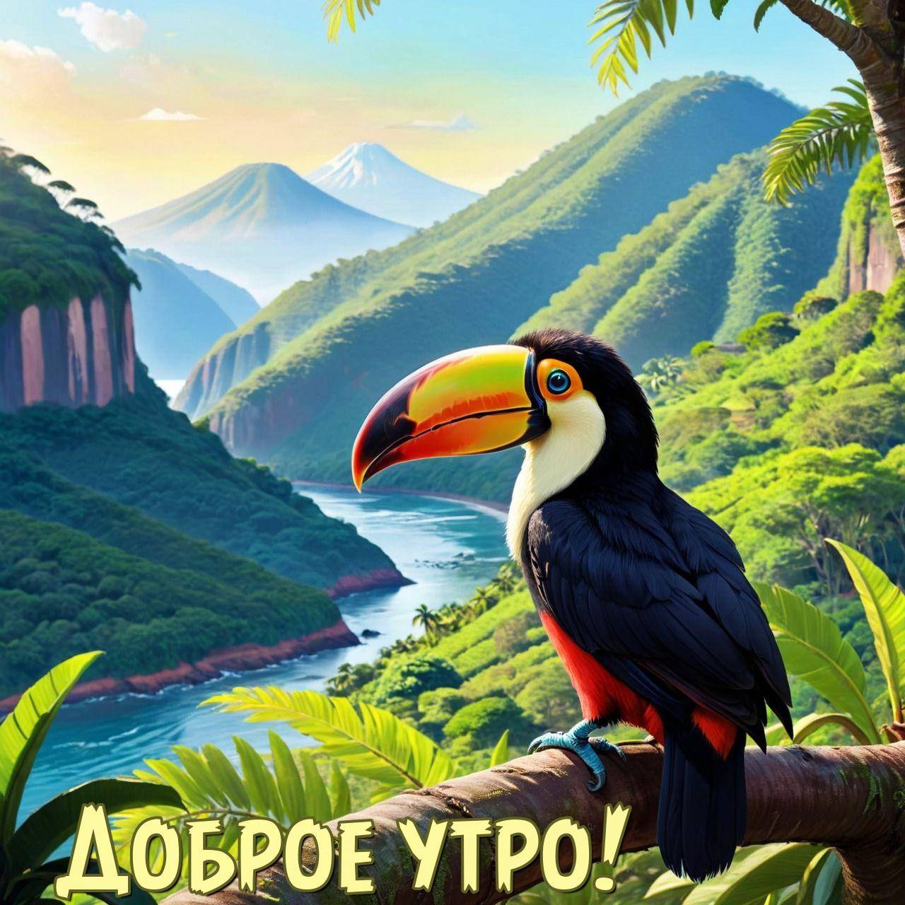 Утро, тукан с ярким клювом на ветке