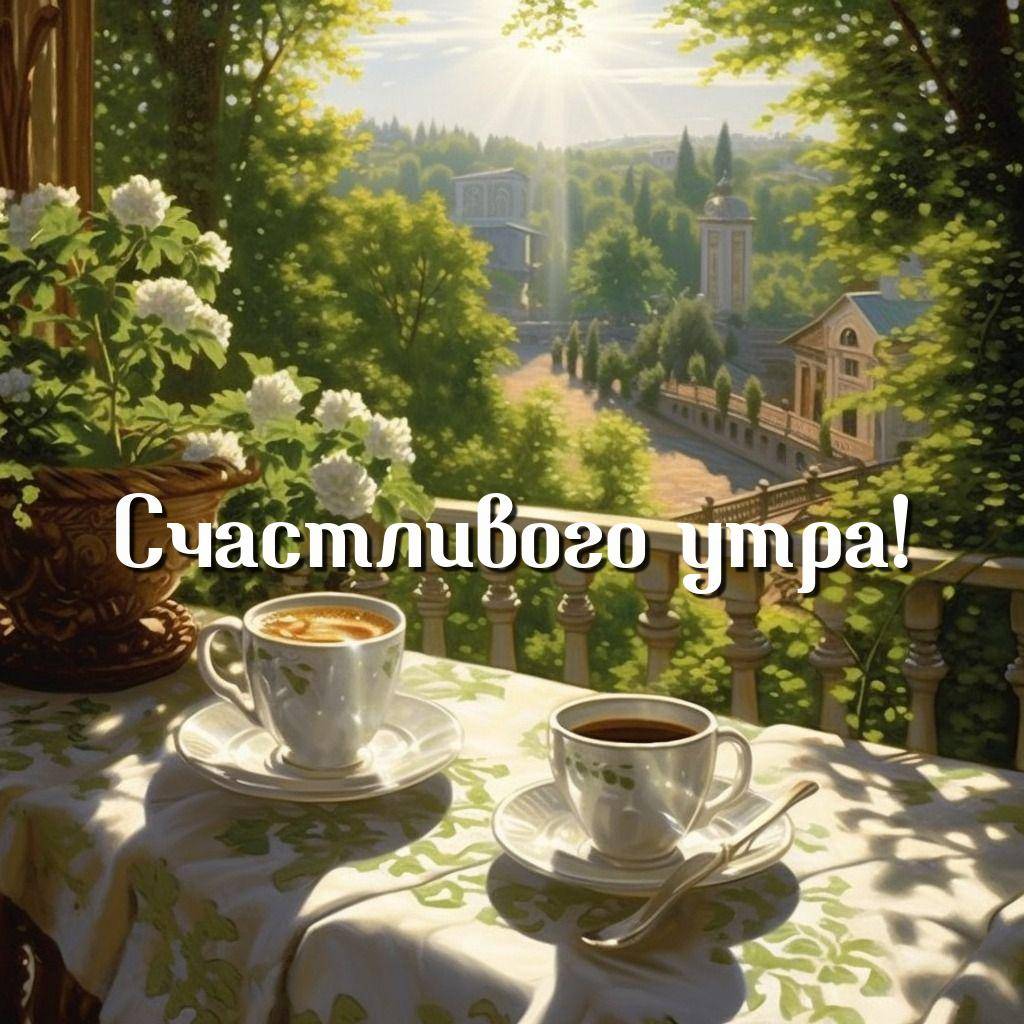 Утро, уютная терраса с видом на сад и архитектуру