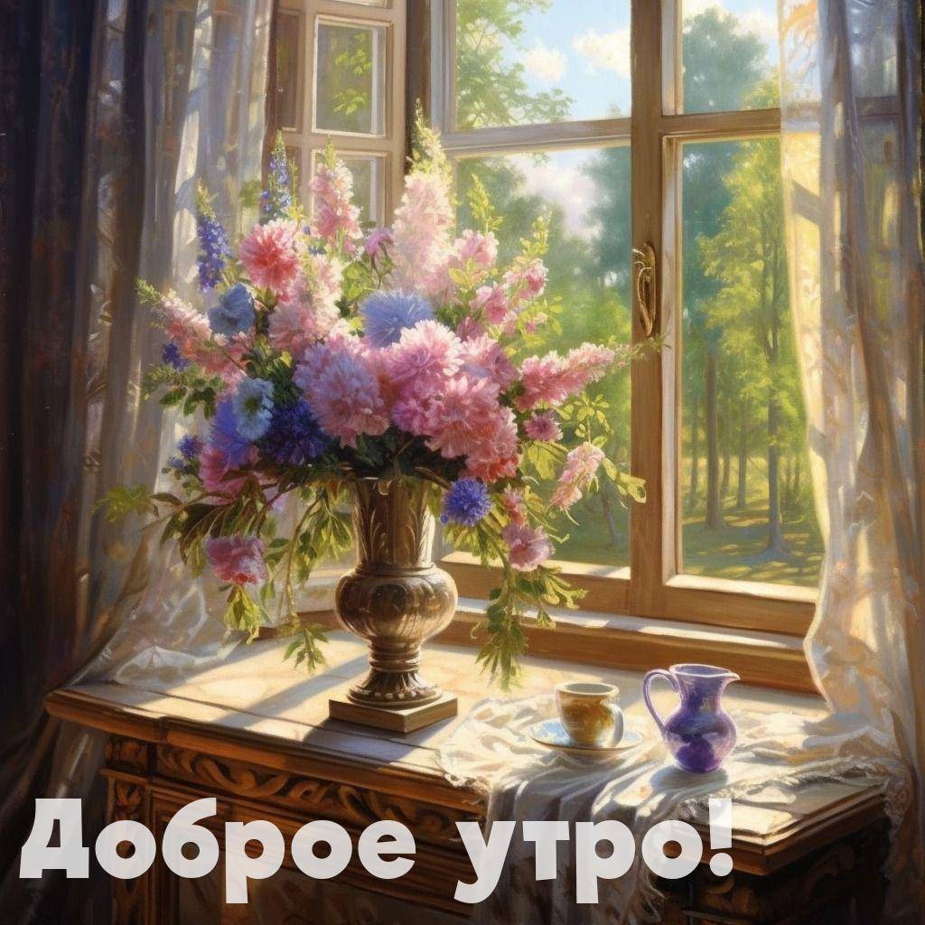 Утро, ваза с букетом цветов возле окна