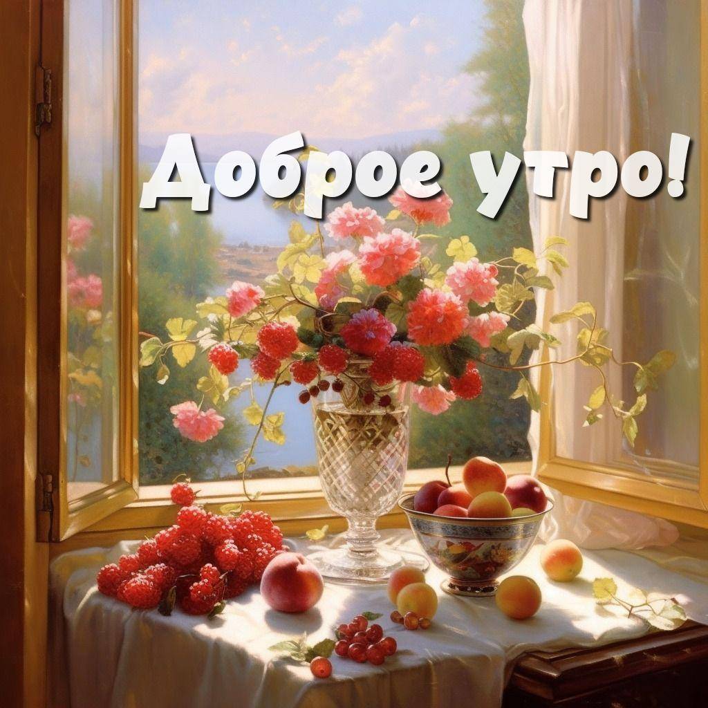 Утро, ваза с цветами и фруктами у окна