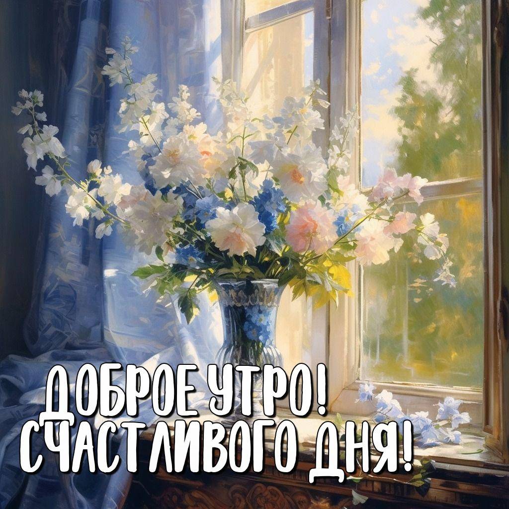 Утро, ваза с цветами на подоконнике