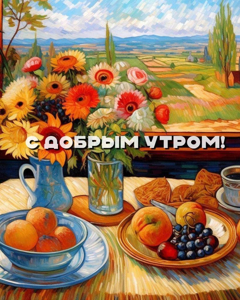 Утро, ваза с цветами, тарелка с фруктами на столе