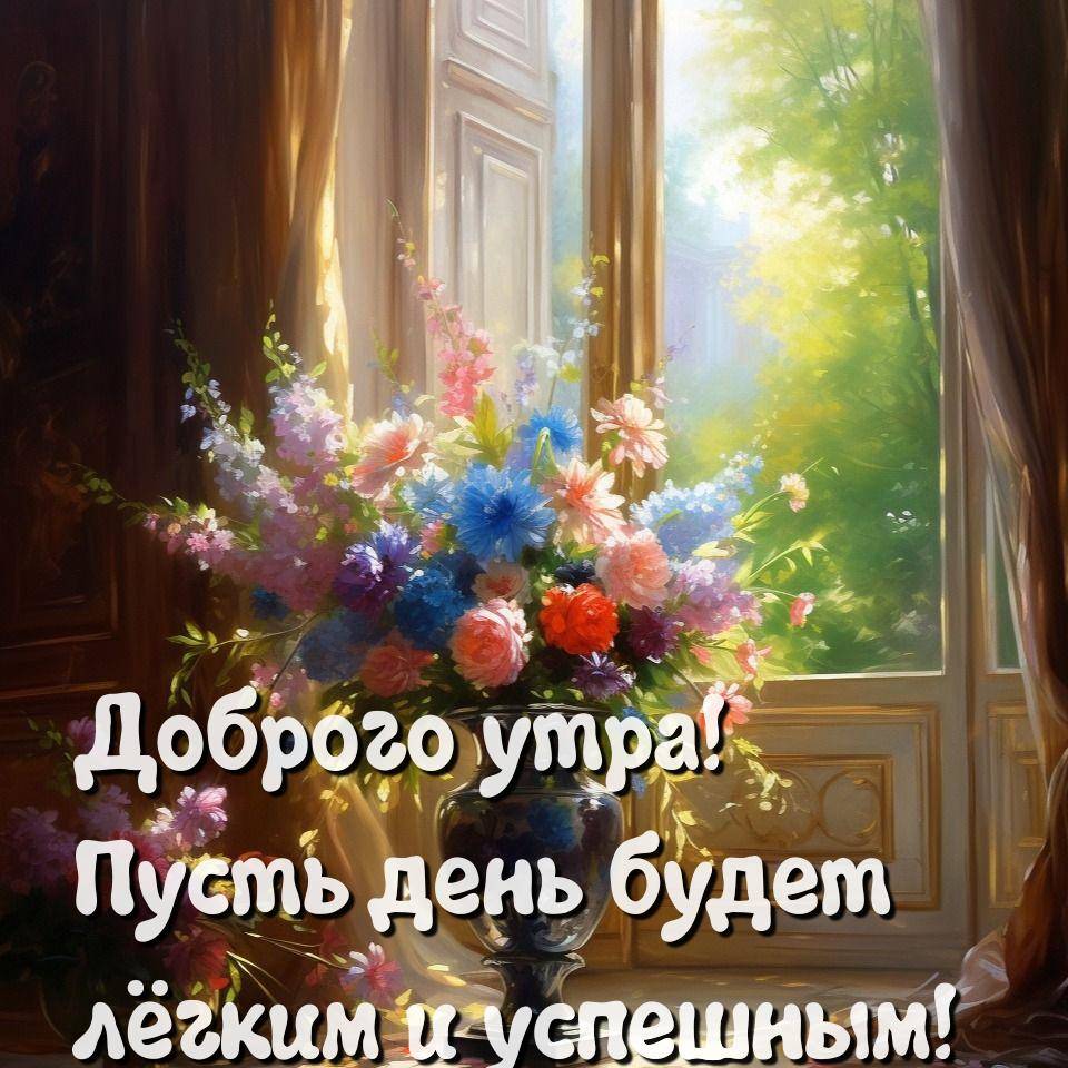 Утро, ваза с ярким букетом цветов у окна на полу