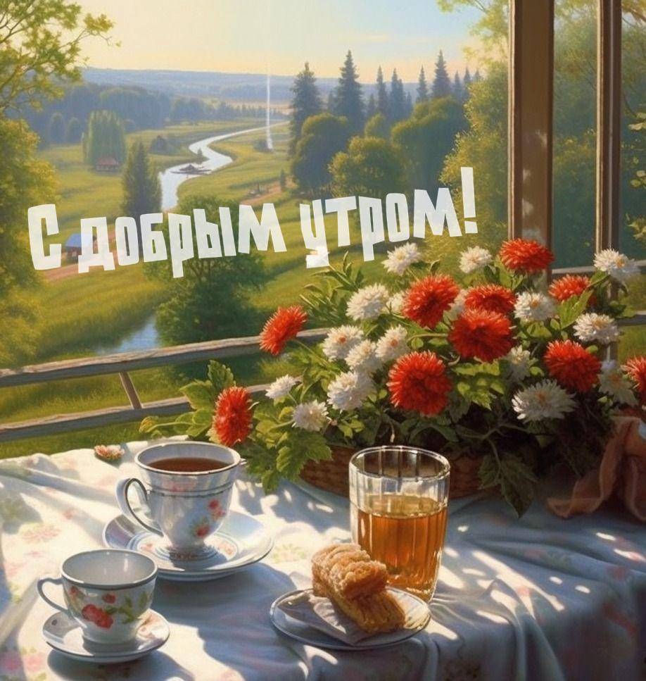 Утро, вид из окна на летний пейзаж, с напитками на столе