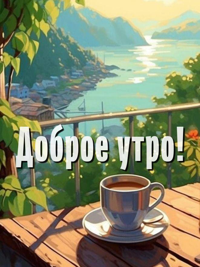 Утро, вид с террасы с чашкой на столе