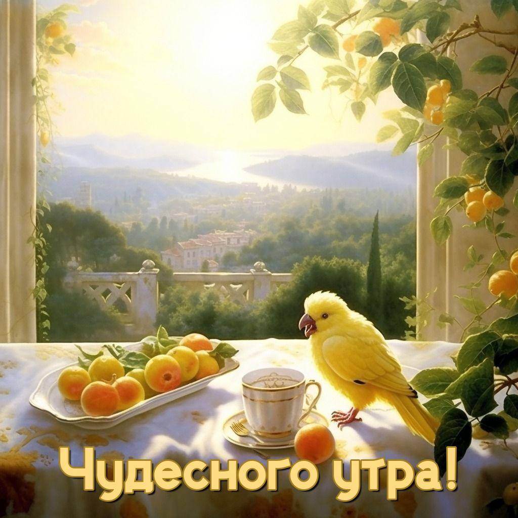 Утро, ярко-жёлтая птичка на летнем столе