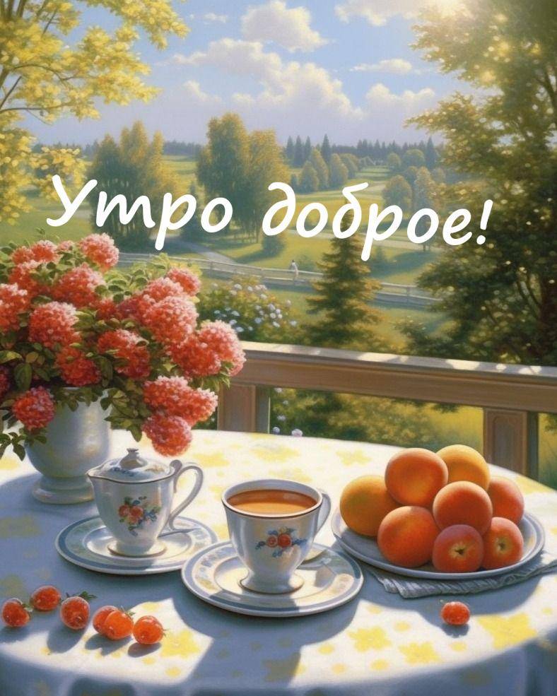 Утро, завтрак на террасе с живописным пейзажем