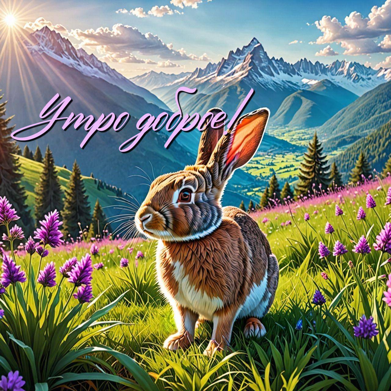 Утро, заяц на фоне гор и фиолетовых цветов