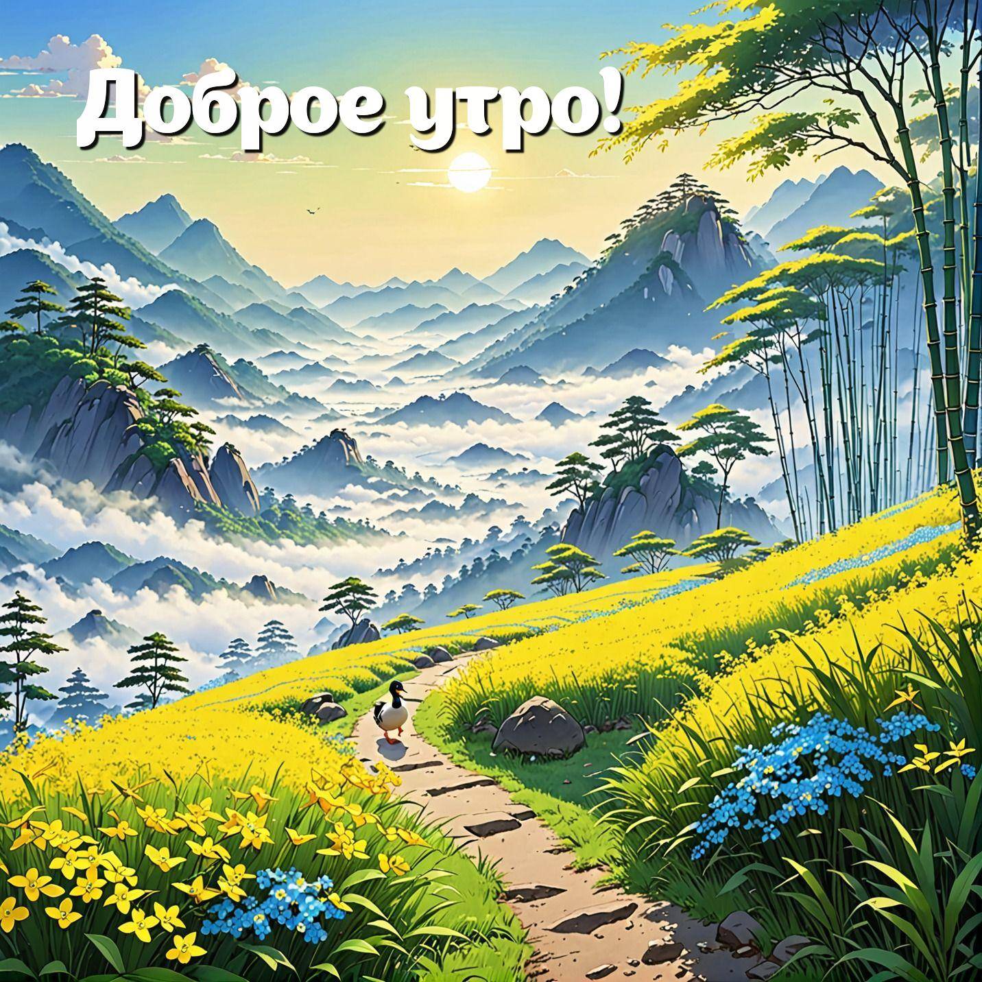Утро, живописная горная сцена с тропинкой и уточкой