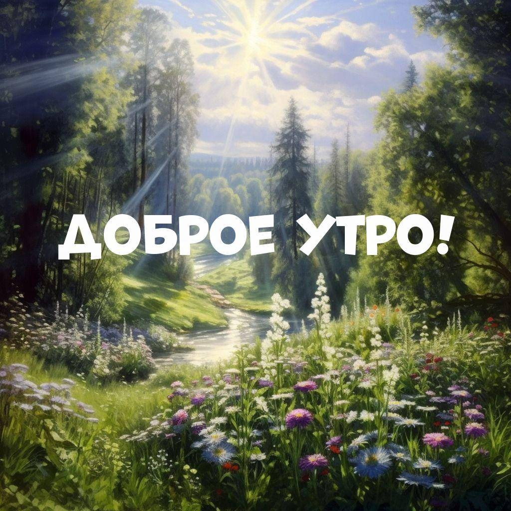 Утро, живописная сцена с лесом и речкой