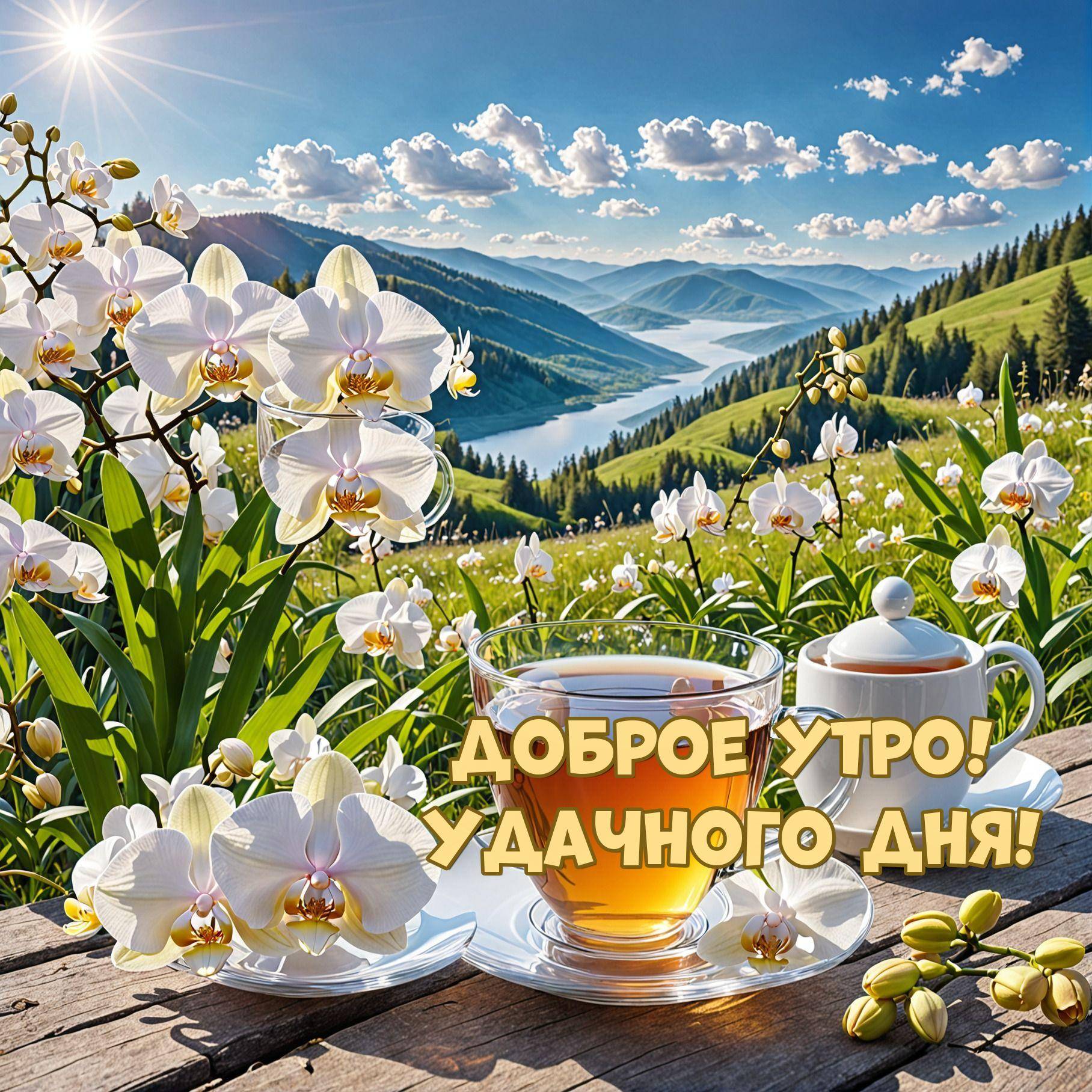 Утро, живописный горный пейзаж с чашкой чая и белыми орхидеями