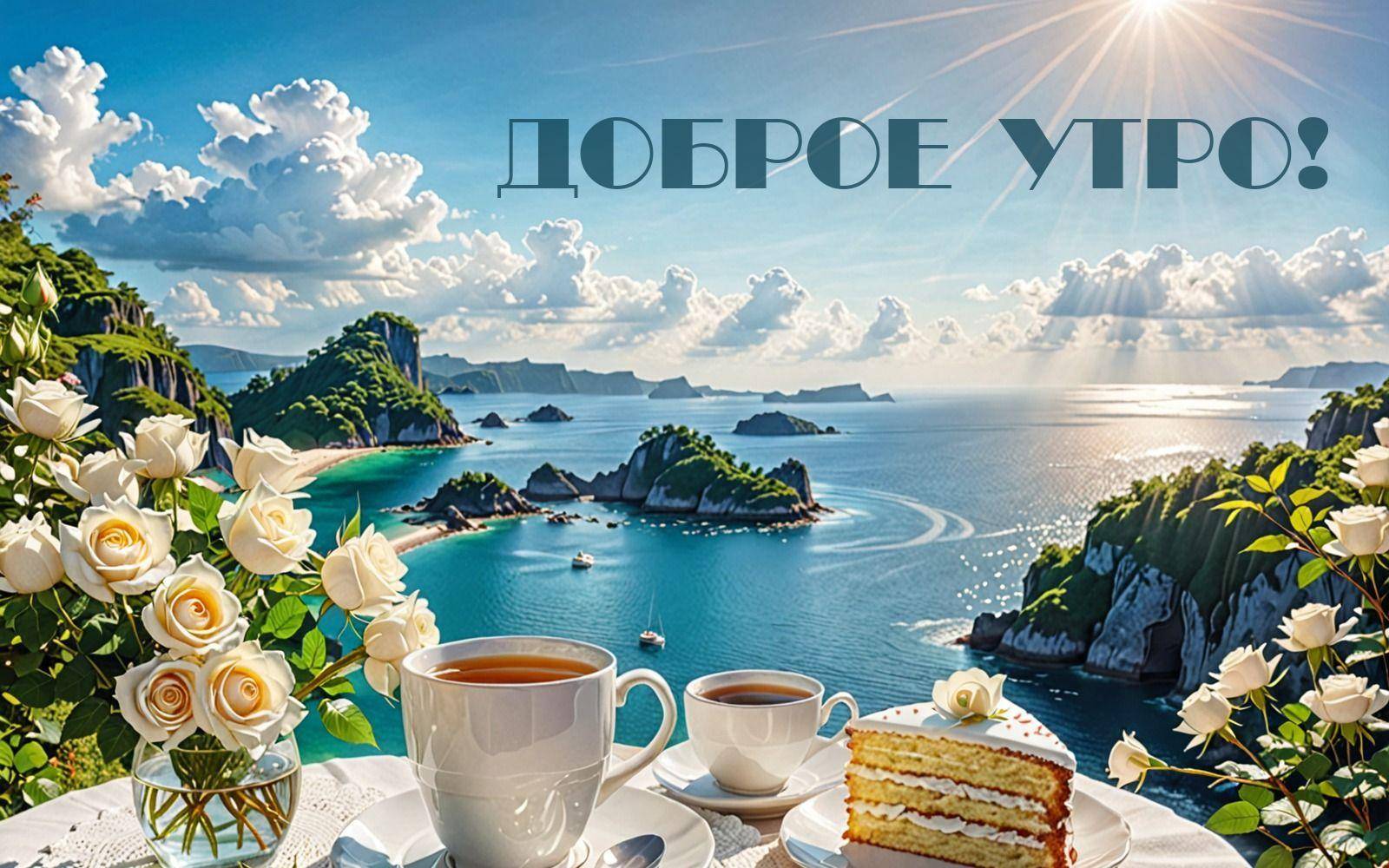 Утро, живописный пейзаж с чашками чая, розами и тортом