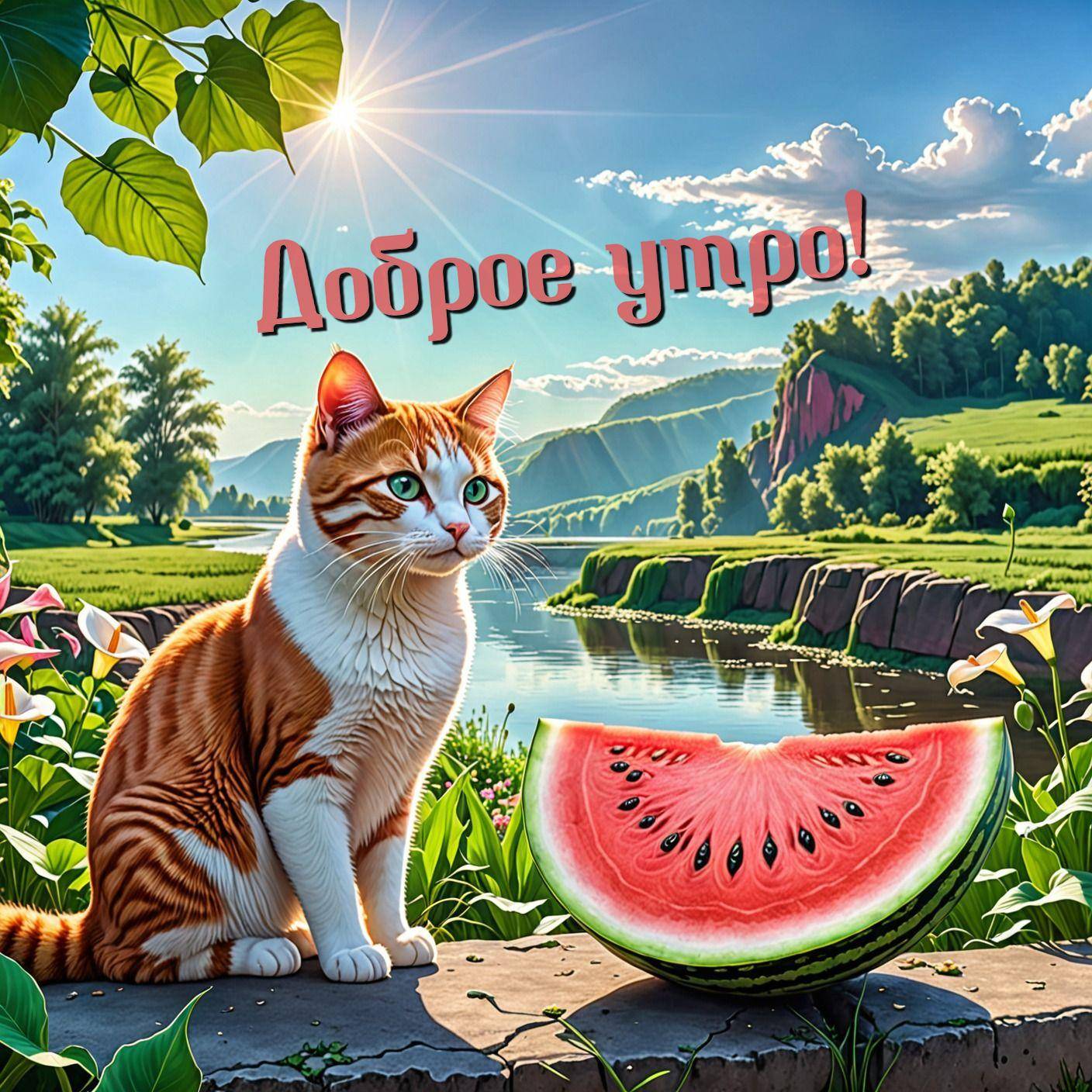 Утро, живописный пейзаж с рыжим и белым котом и арбузом