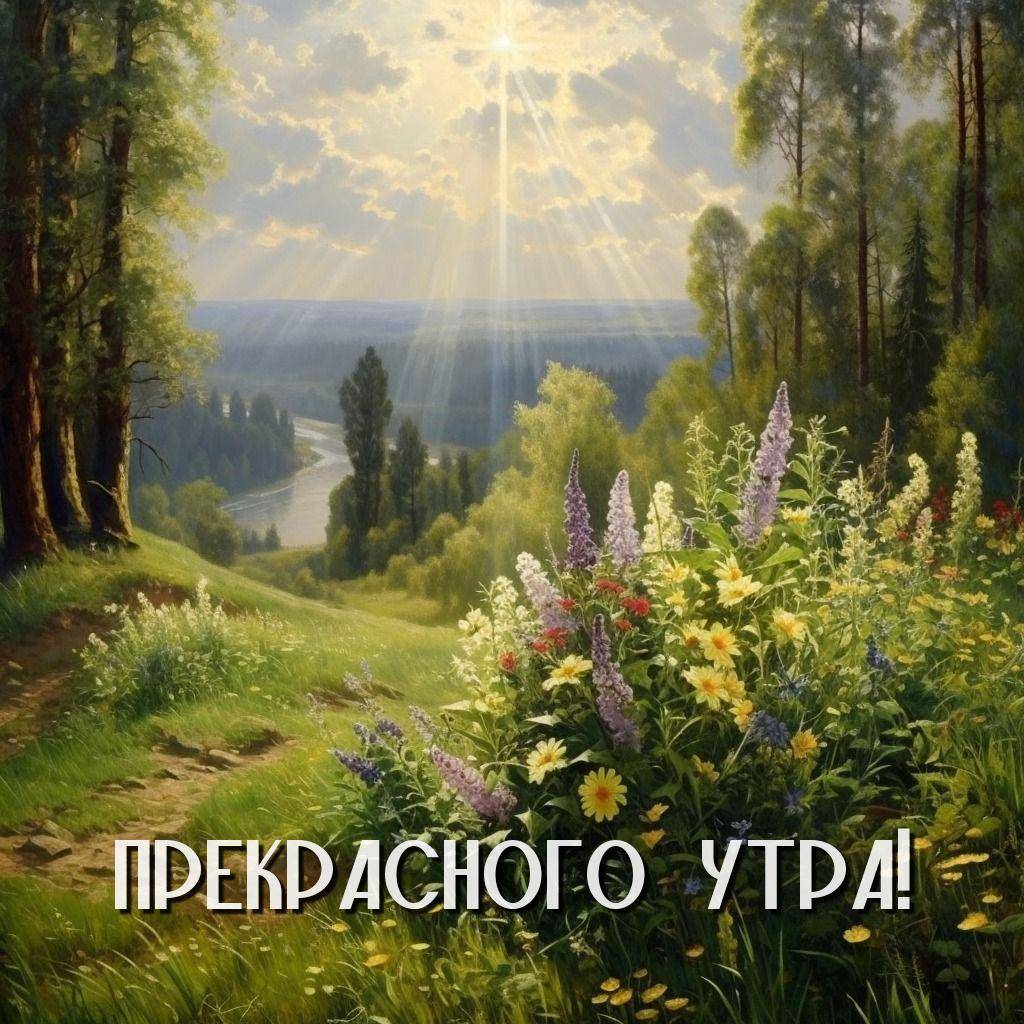 Утро, живописный пейзаж с солнечным светом и цветами