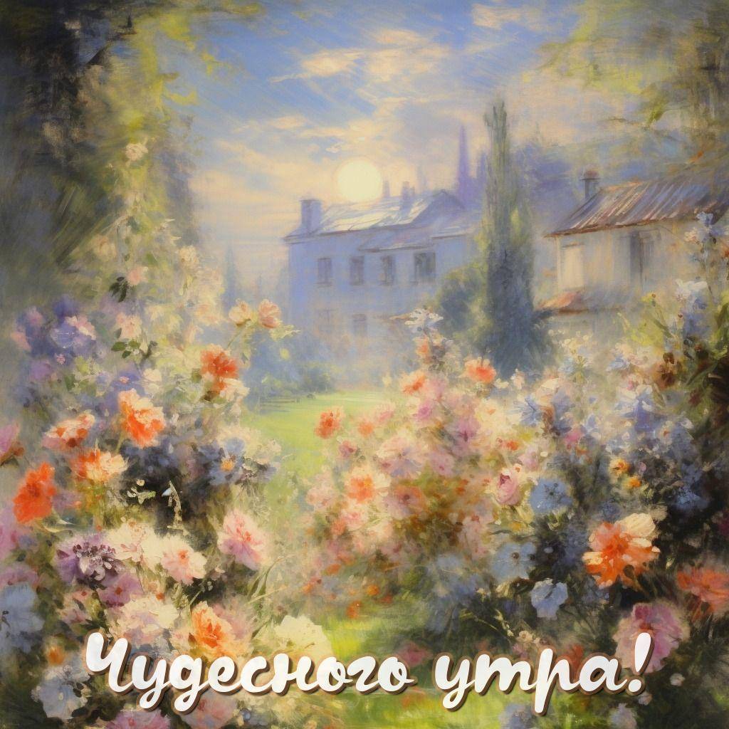 Утро, живописный сад с цветами и старинным домом