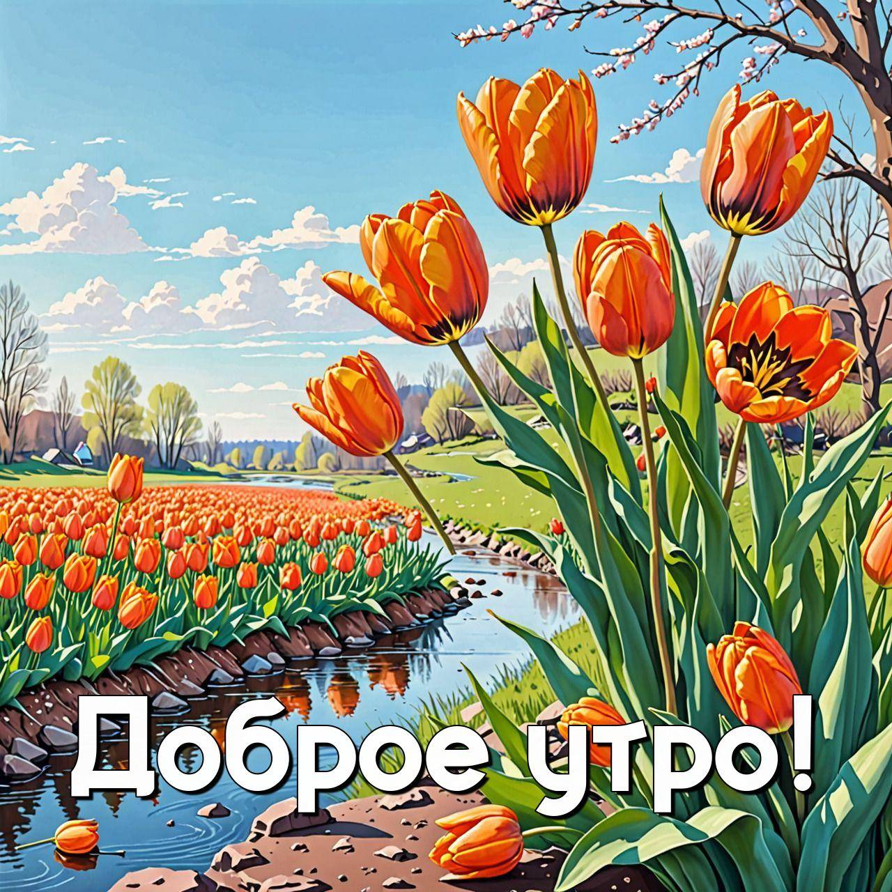 Утро, живописный весенний пейзаж с оранжевыми тюльпанами