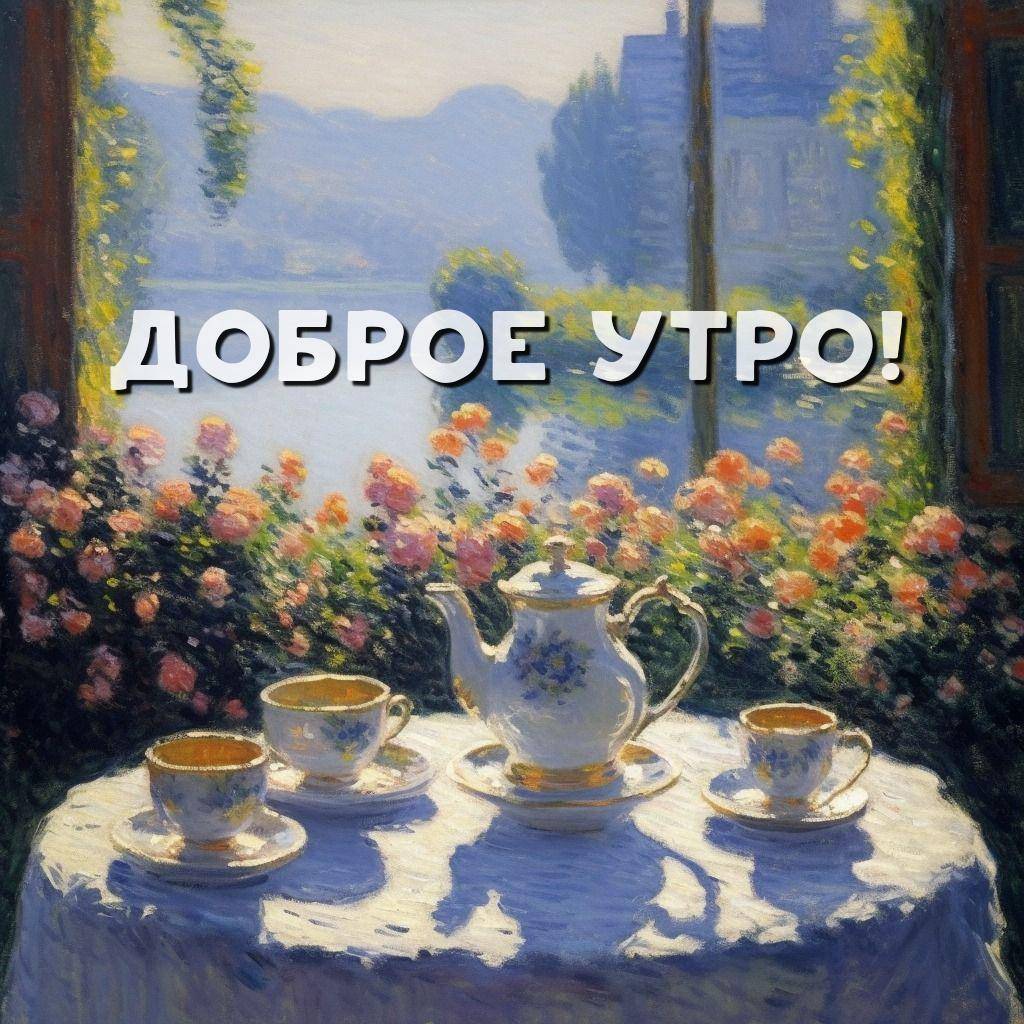 Утро, живописный вид из окна на озеро, стол с чайным сервизом