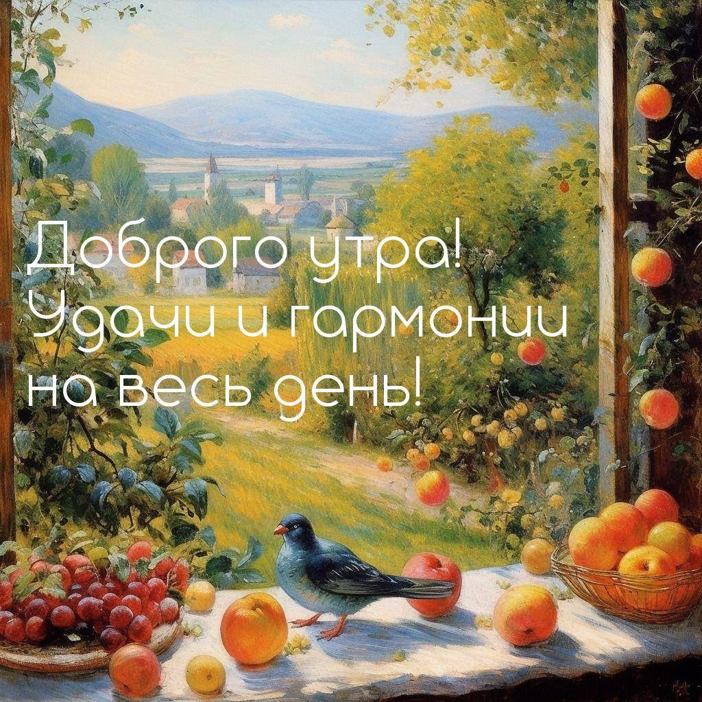Утро, живописное окно с видом на сельский пейзаж и фруктами на подоконнике.