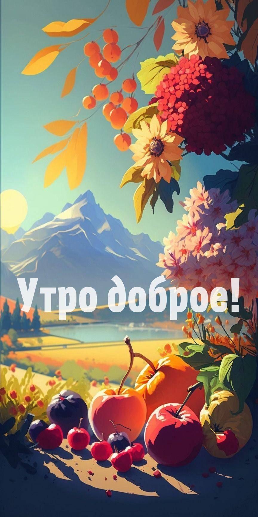 Утро, живописное осеннее пейзаж: горы, цветы, фрукты и листья