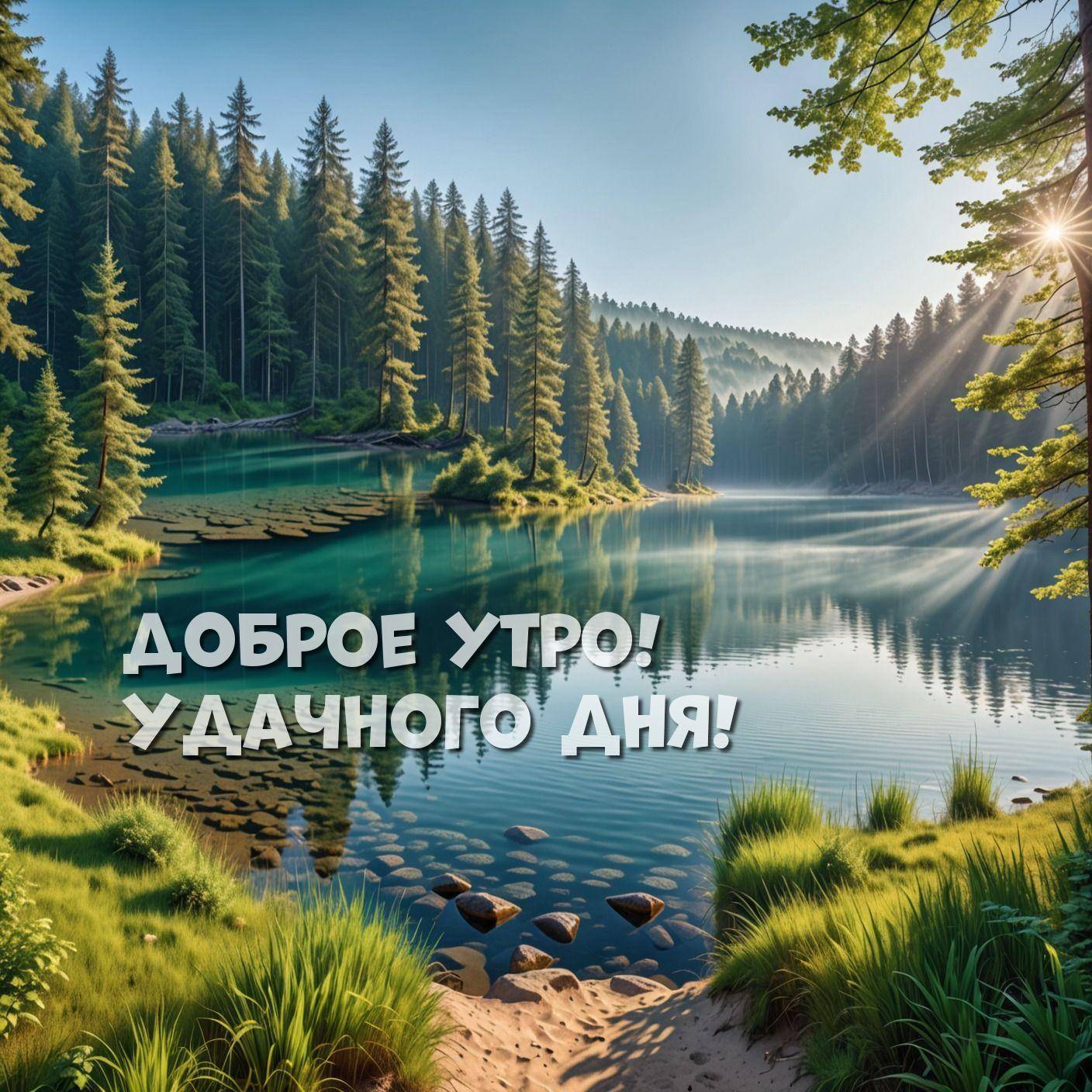 Утро, живописное озеро, окруженное густым лесом, с чистой и спокойной водой.