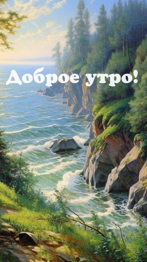 Утро, живописное побережье с крутыми скалами и морскими волнами