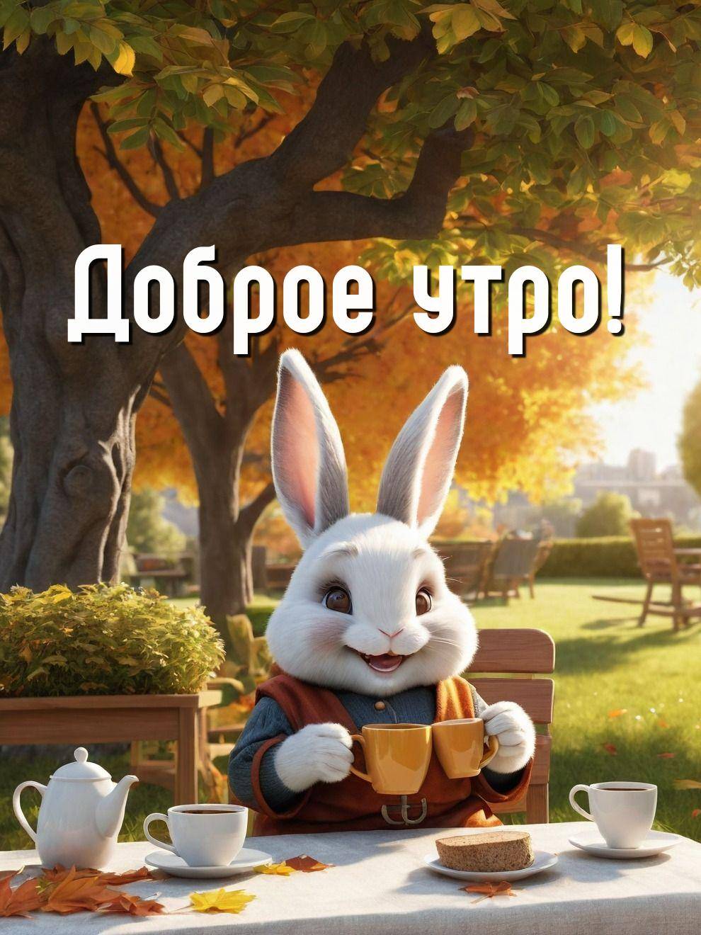 Утро, белый кролик с желтыми чашками