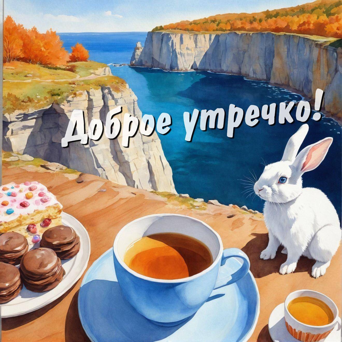 Утро, белый кролик у чая на берегу