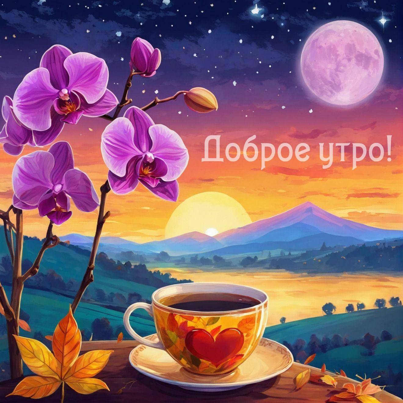 Утро, чашка чая, орхидеи и горный пейзаж
