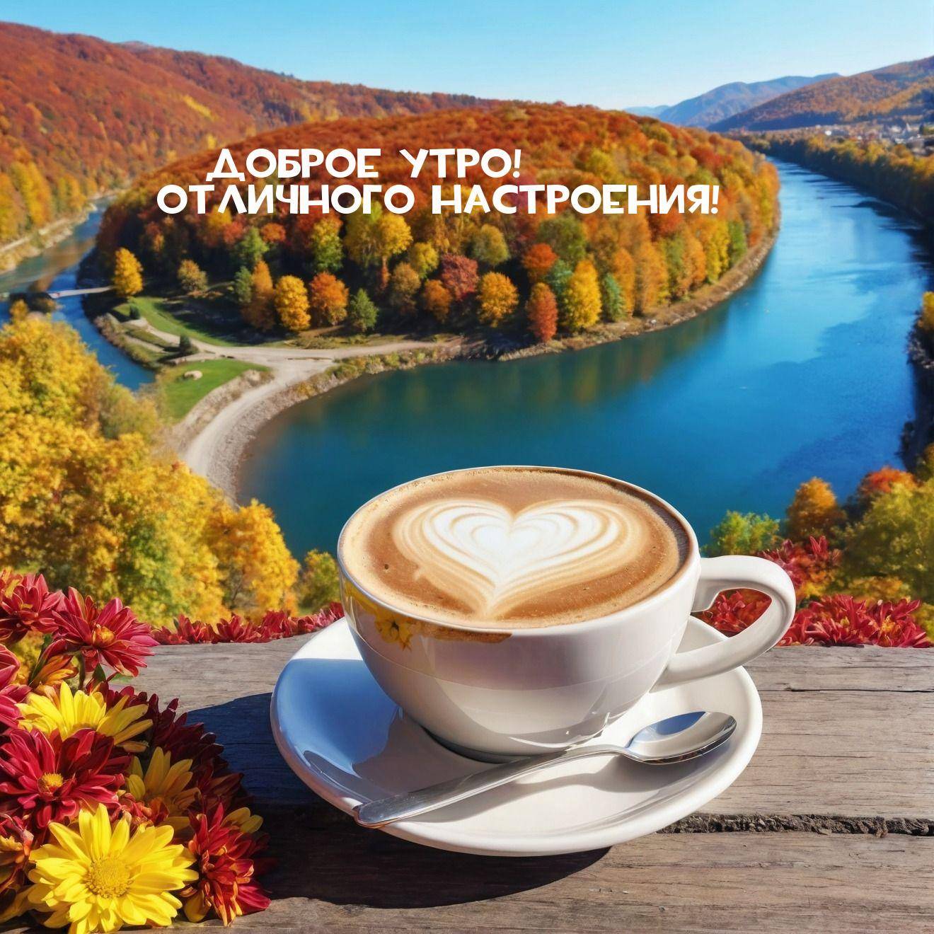 Утро, чашка кофе с рисунком сердца и осенний пейзаж