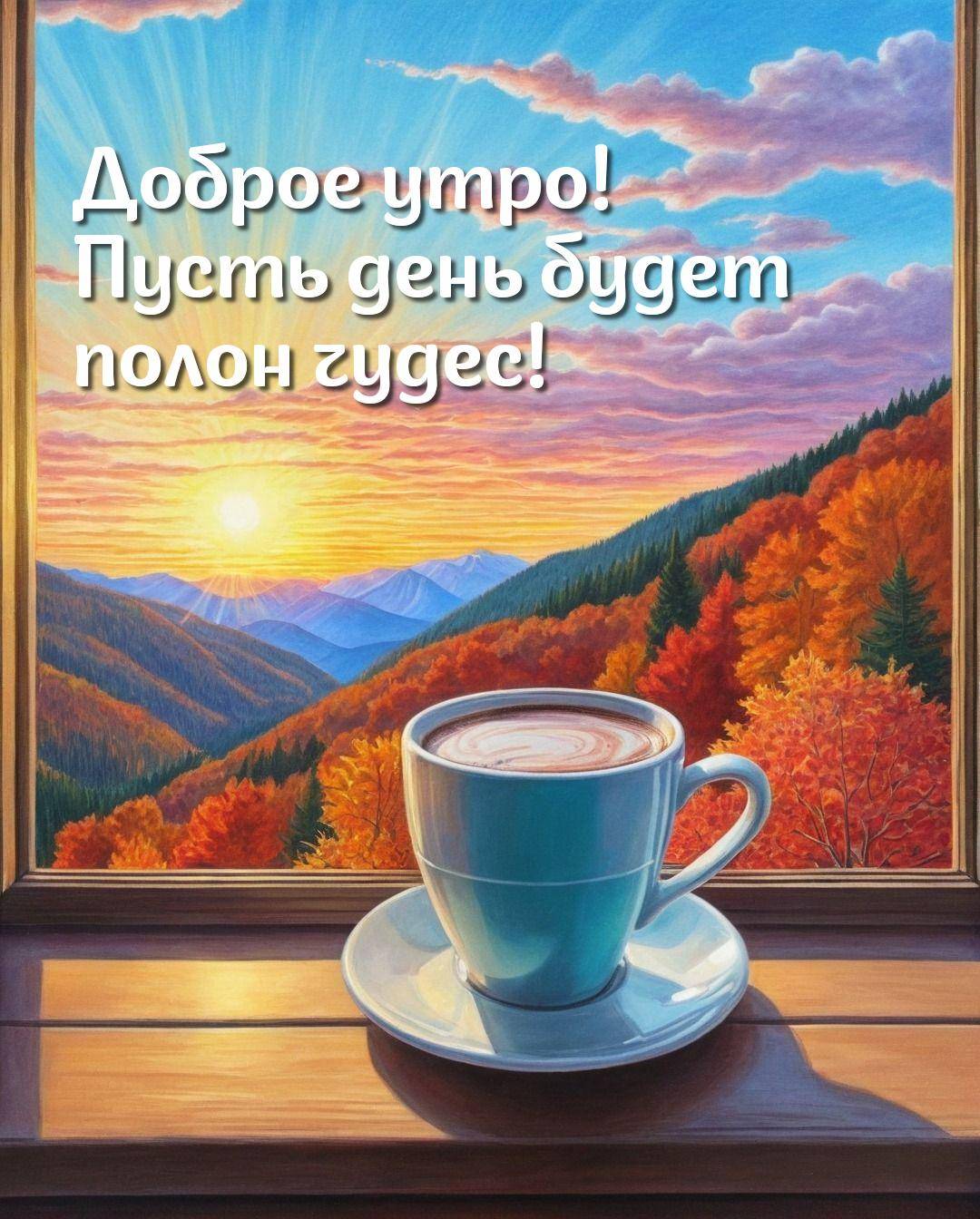 Утро, чашка на блюдце на деревянном подоконнике. Виден осенний пейзаж.