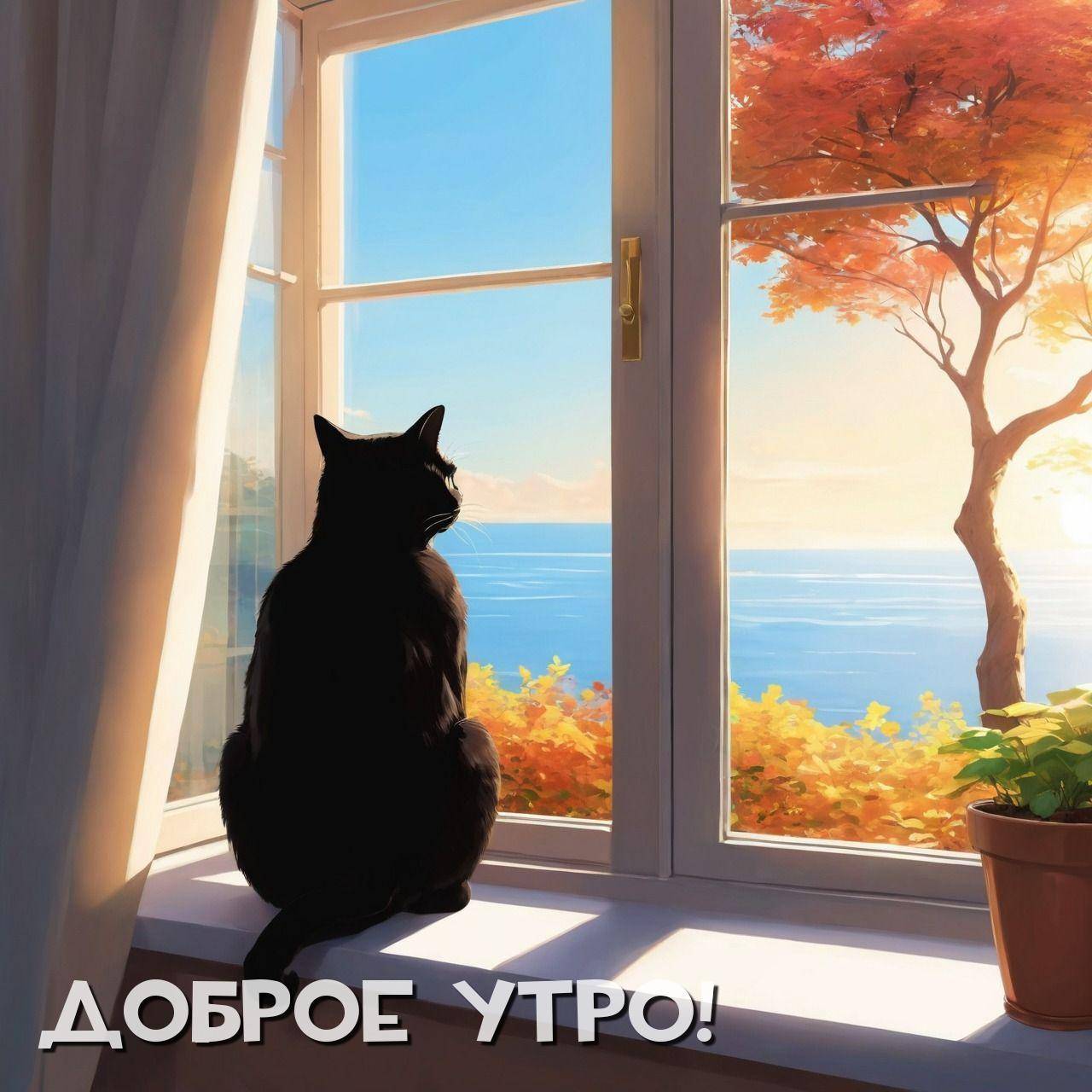 Утро, черная кошка на подоконнике, за окном пейзаж