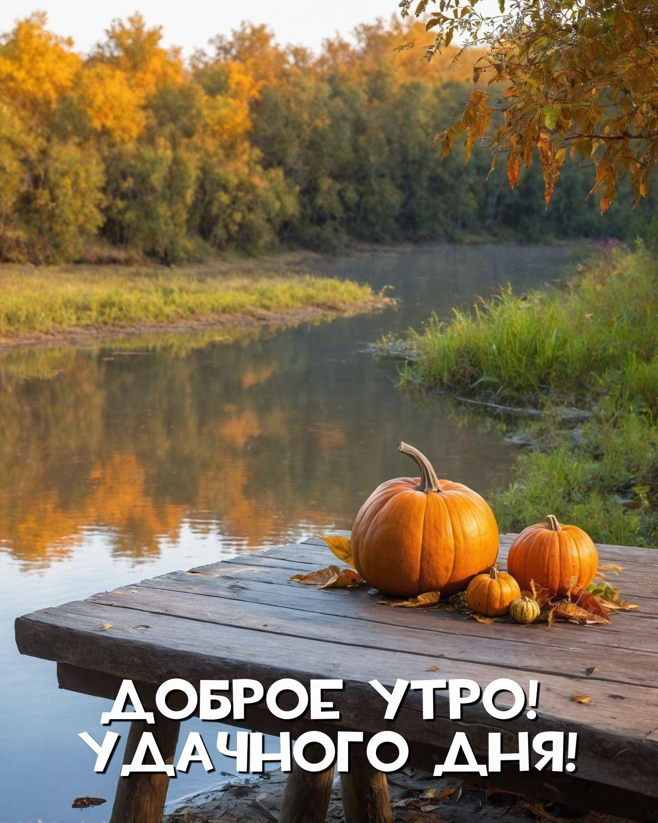 Утро, деревянный стол с тыквами и осенними листьями у реки
