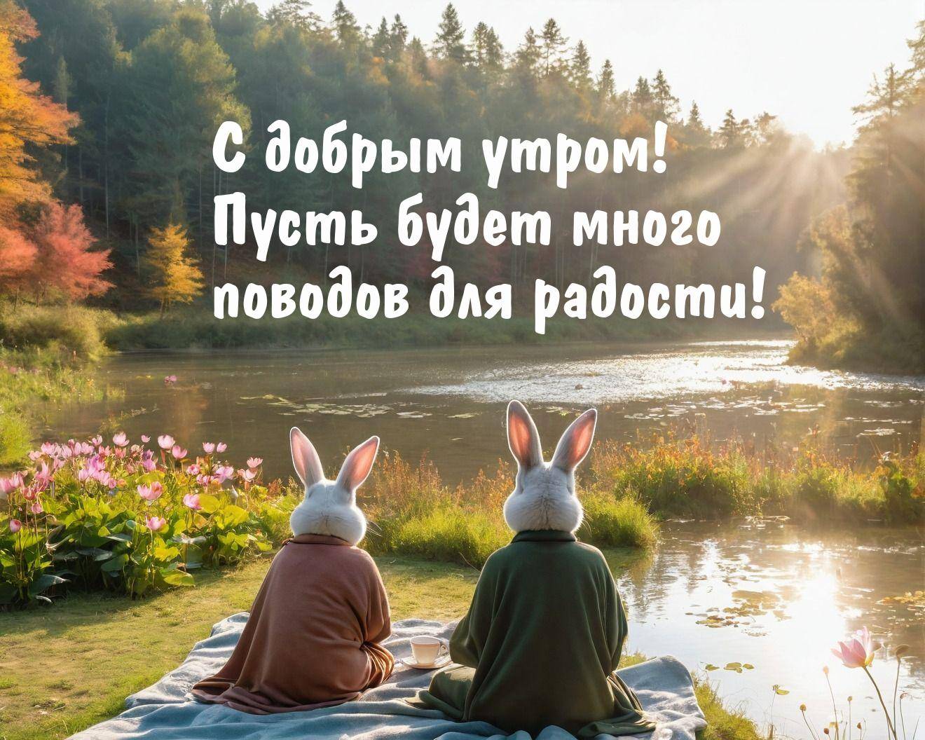 Утро, два человека в костюмах кроликов смотрят на пруд