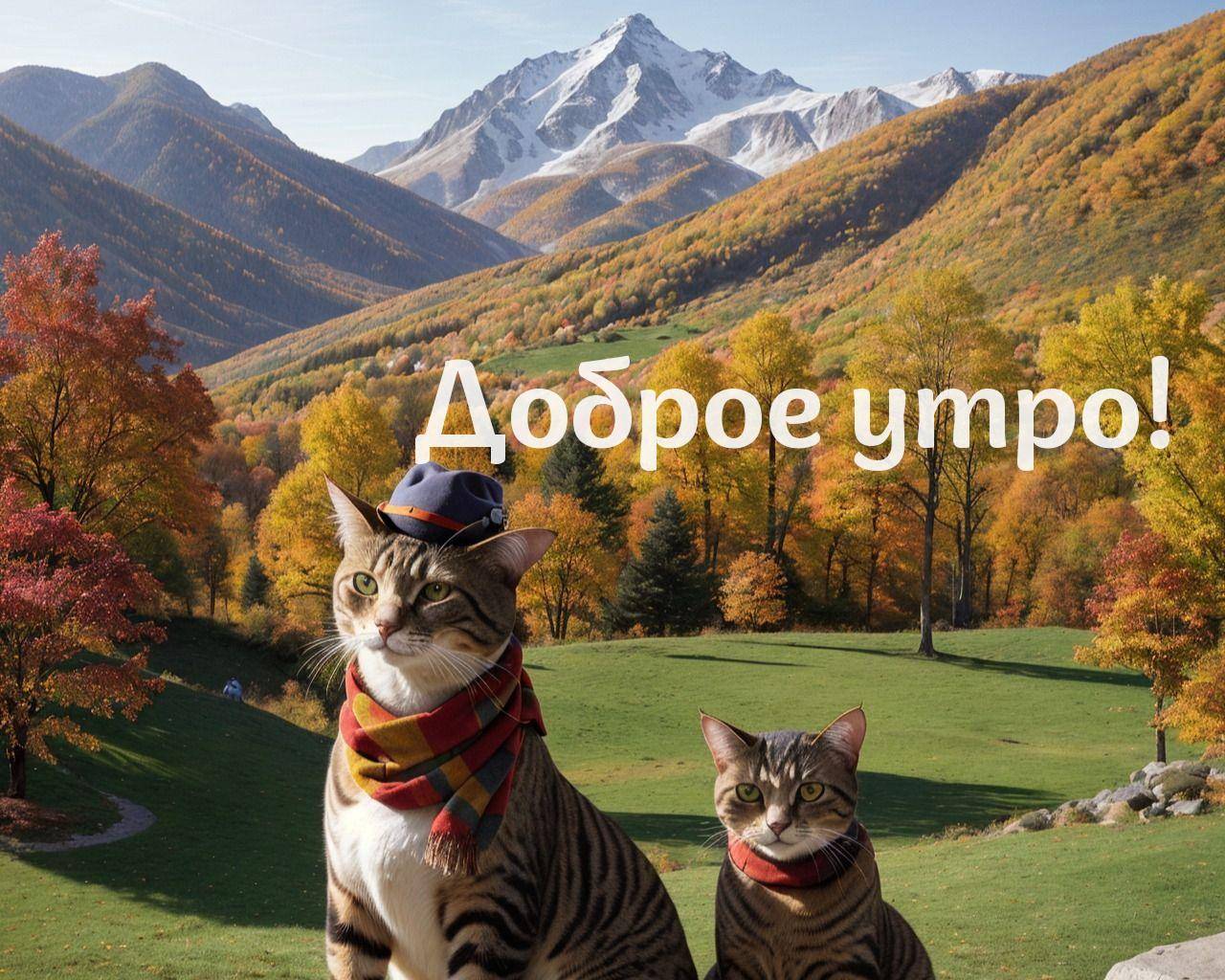 Утро, два кота на фоне осеннего пейзажа