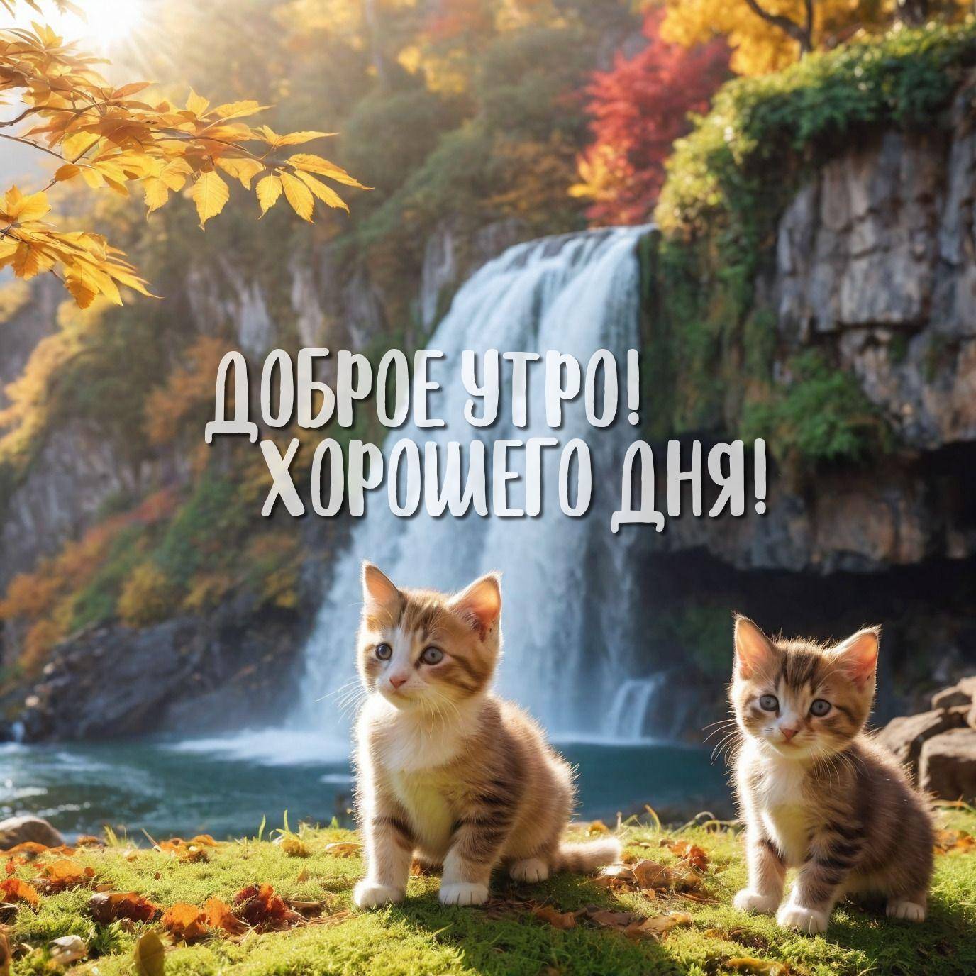 Утро, два котенка на поляне с водопадом на заднем плане