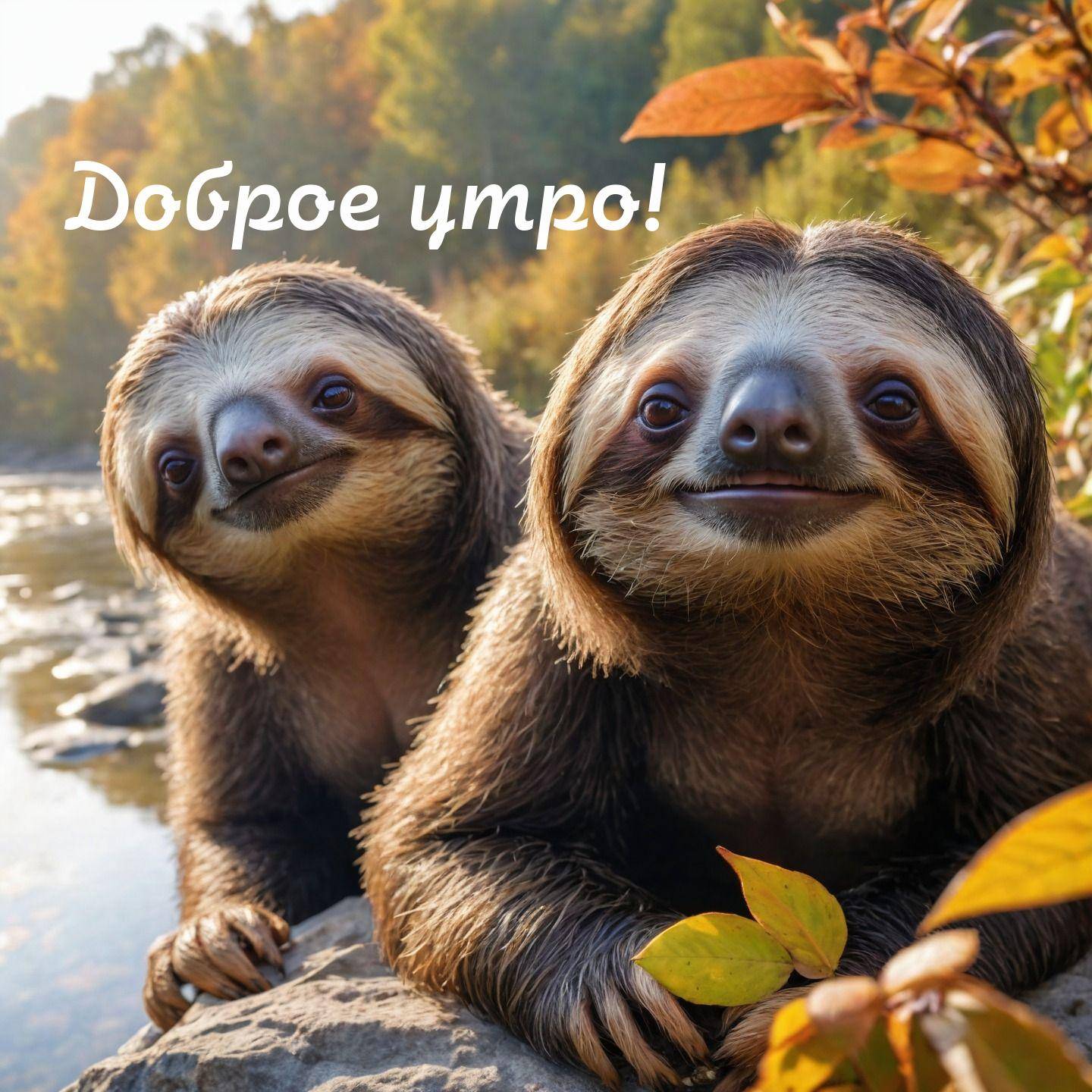 Утро, два ленивца на фоне природы, листья и деревья осенью