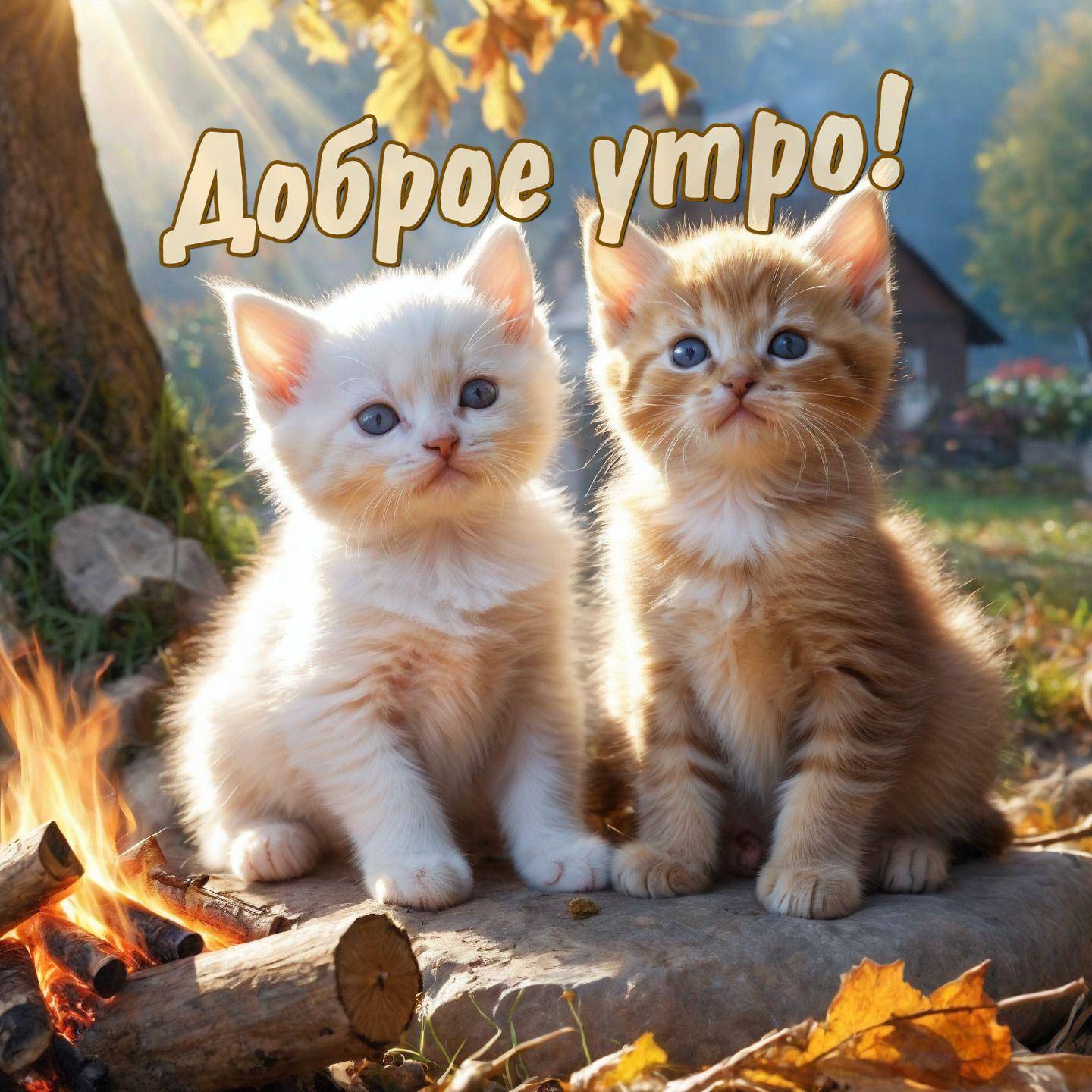 Утро, два рыжих котенка рядом на улице.
