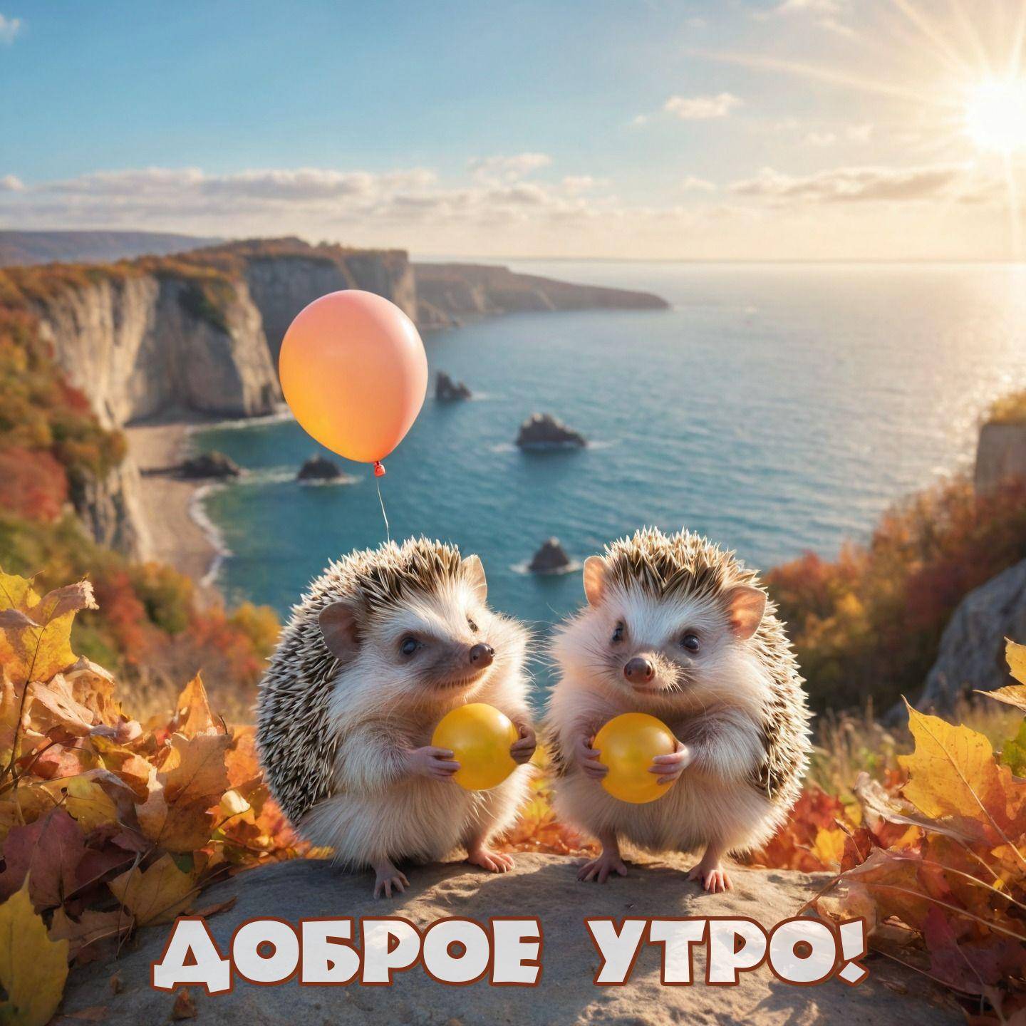 Утро, два ёжика с жёлтыми шариками на живописном побережье