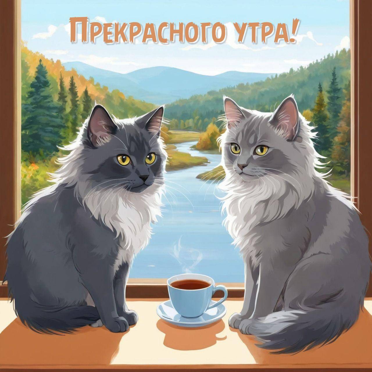 Утро, две серые пушистые кошки на подоконнике, перед ними чашка с чаем