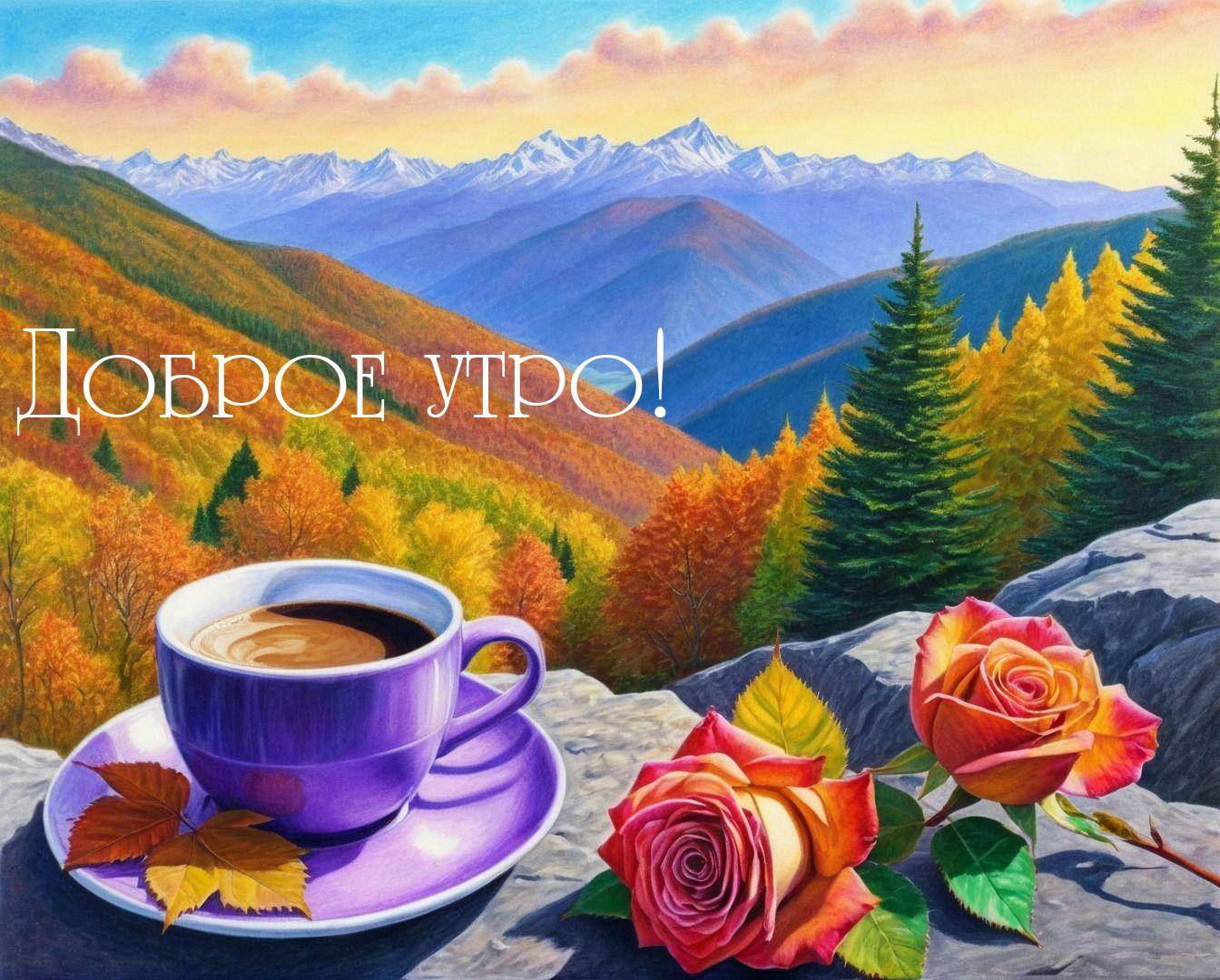 Утро, фиолетовая чашка кофе на фоне осенних гор