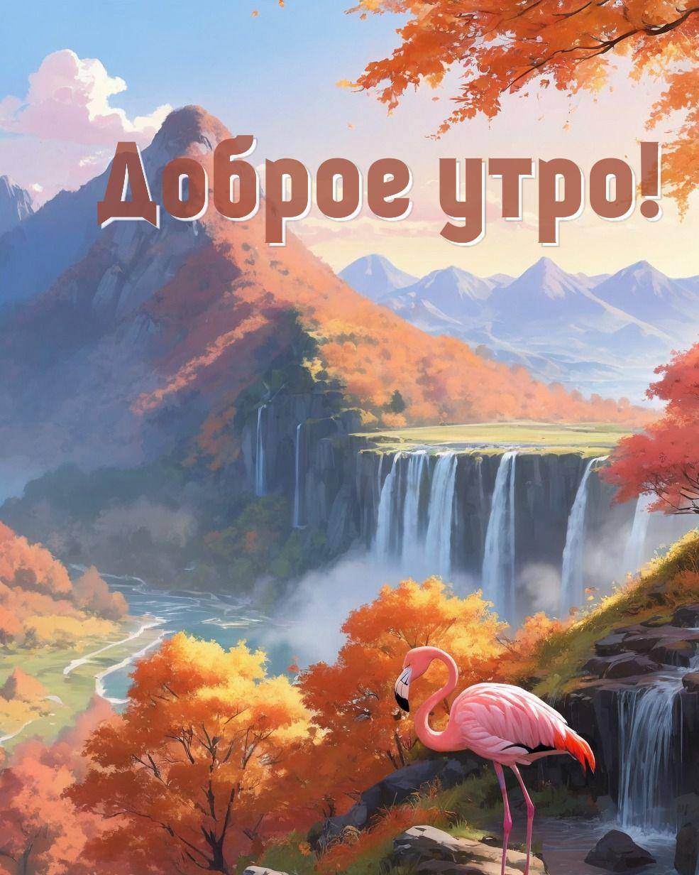 Утро, фламинго на скале перед водопадом